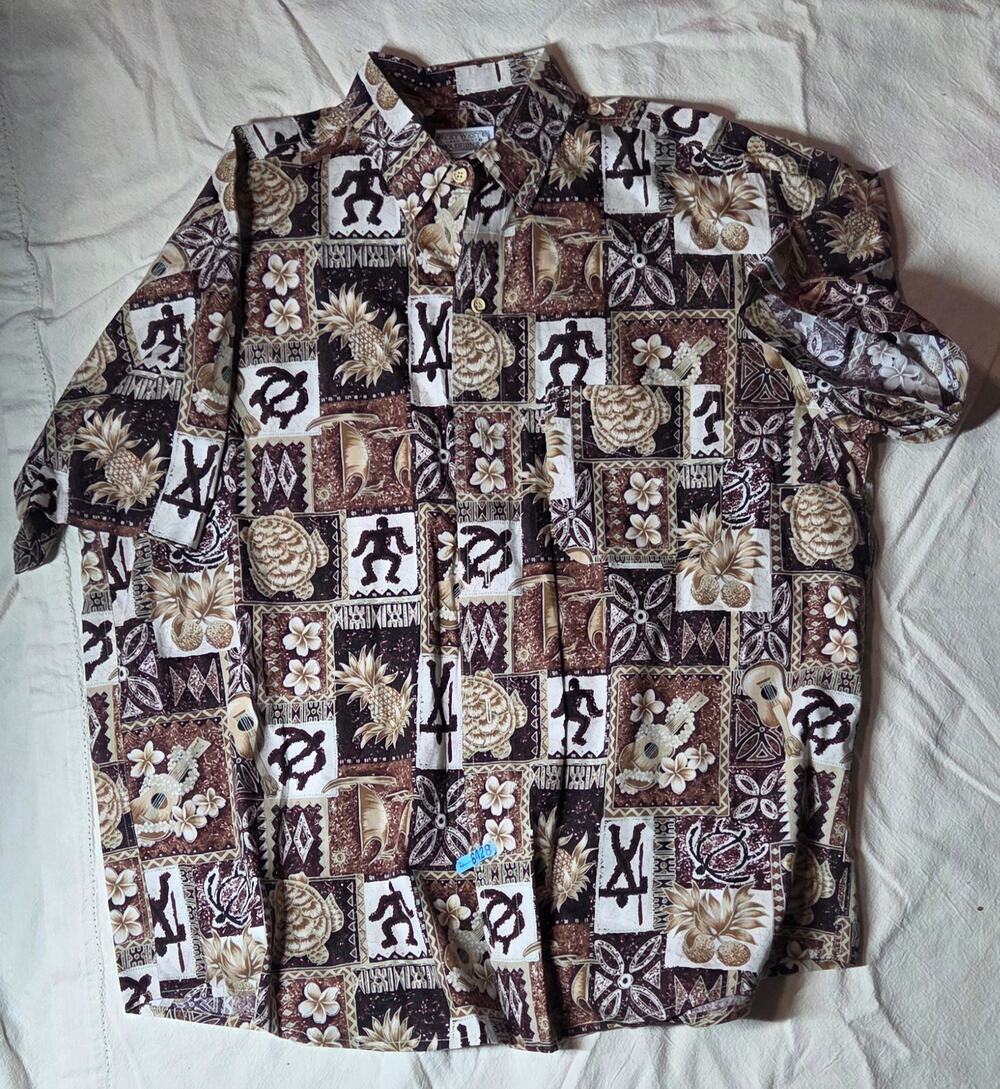 Vintage 70s Key West Camouflage Polynesian Tribal Patchwork Shirt Hand Print XL